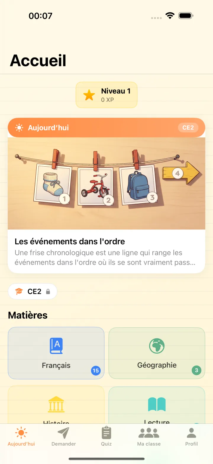 L’écran d’accueil de l’application sur iPhone, avec la leçon du jour d’une classe de CE2 et ses matières