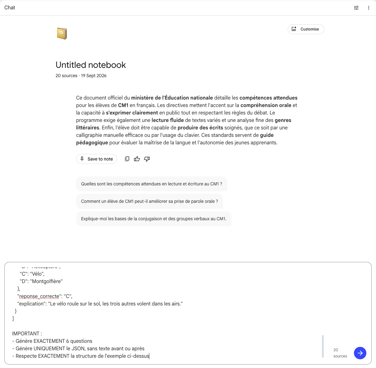 محادثة NotebookLM مع الطلب الملصوق وإجابة مبنية على المصادر المختارة
