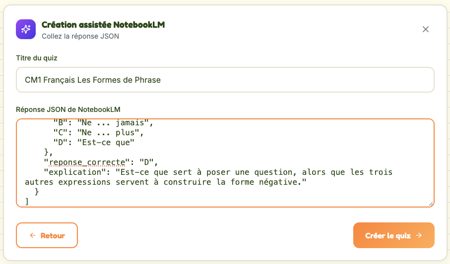 خطوة «الصق إجابة JSON» في أداة إنشاء بمساعدة NotebookLM، مع عنوان الاختبار